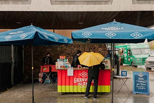 person with a umbrella in a granville stand